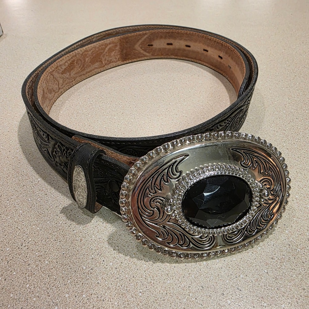 Vtg Nocona Leather Belt Mens 40 Black 1.5" Western Tooled, Buckle USA, New K721